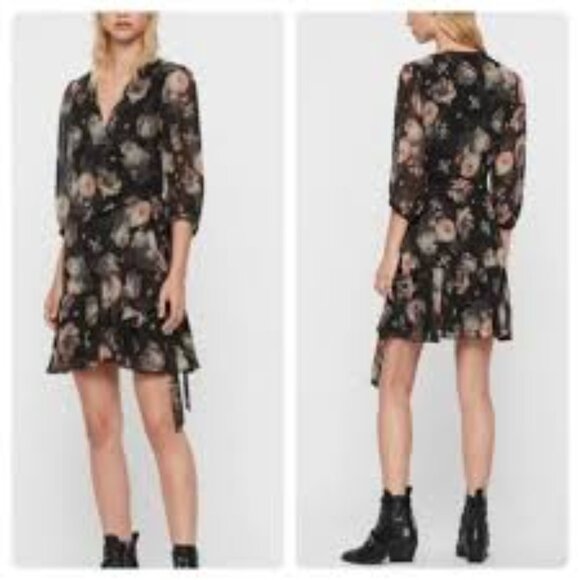 All Saints Jade Eden Dress - Mini Dark Floral Wrap Dress - Size Medium - Picture 2 of 12